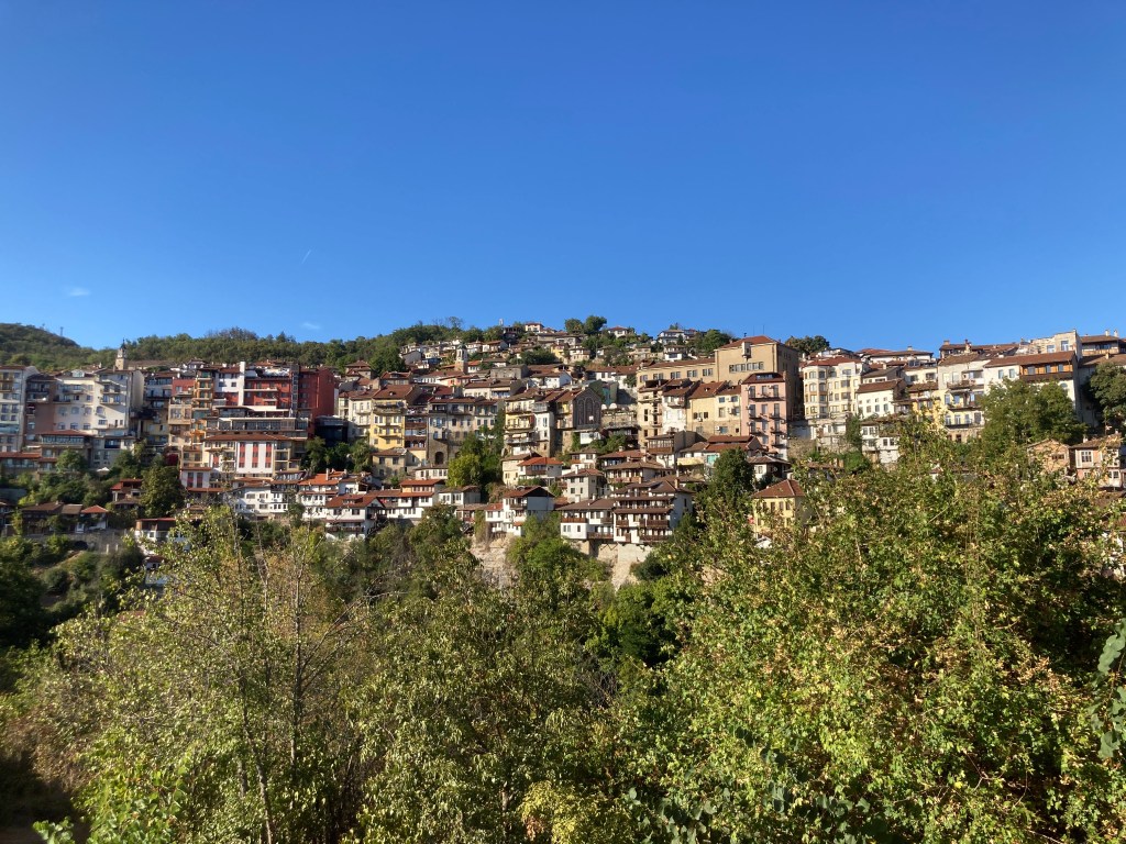 A view of a hillside village with a mix of modern and traditional architecture, surrounded by lush greenery and a clear blue sky.